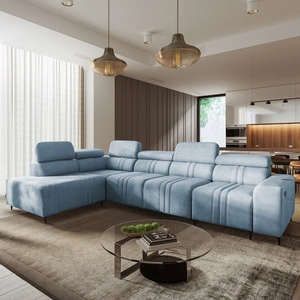 Narożnik z funkcją spania Castel XI błękitny lewostronny komfortowy narożnik z pojemnikiem na pościel wytrzymała tkanina