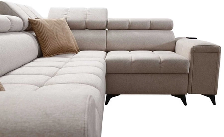 Narożnik z funkcją spania Bolmso II zielony prawostronny narożnik z pojemnikiem na pościel szuflada z pełnym wysuwem w boczku mebla