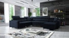 Narożnik z funkcją spania Nausa VII granatowy prawostronny elegancki narożnik do salonu wykonany z miękkiej tkaniny typu velvet