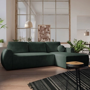 Narożnik z funkcją spania Colio zielony prawostronny stylowy narożnik o ciekawym kształcie welurowa tkanina ozdobna poduszka piłka