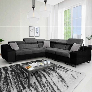 Narożnik z funkcją spania Alcamo III szary / czarny prawostronny funkcjonalny narożnik z szufladą w boczku dwa pojemniki na pościel