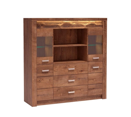 Komoda z szufladami Indiana 137 cm jesion jasny gustowna stylistyka komody z przeszkleniem ozdobna deska na froncie komody oświetlona LED