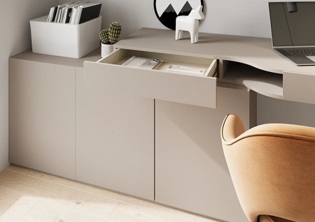 Biurko z kontenerkiem i komodą Woow 321 cm clay grey prawe praktyczne i uniwersalne biurko z szufladami z opcją obustronnego montażu