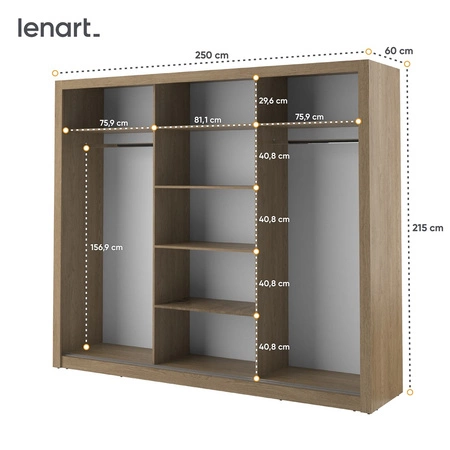 Szafa przesuwna z lustrem Arti 250 cm dąb shetland pojemna szafa do sypialni lub przedpokoju drzwi szafy wykończone dużymi lustrami