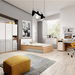 Zestaw mebli Plano dąb nash / biały / beton stylowy komplet mebli do pokoju młodzieżowego z szafą na ubrania oraz wygodnym łóżkiem