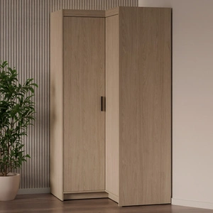 Szafa narożna Rene dąb olejowany stylowy design obrzeża wykończone ABS fronty szafy do sypialni o matowym wykończeniu czarne uchwyty