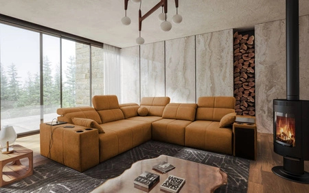 Narożnik z funkcją spania Tesalia III miodowy prawostronny komfortowy narożnik z przesuwanym oparciem dwa pojemniki na pościel