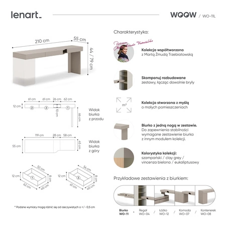 Biurko Woow 210 cm clay grey lewe modne biurko z szufladami o designerskim kształcie do zestawiania z innym modułem z kolekcji