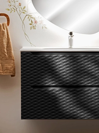 Szafka pod umywalkę Ocean 60 cm dąb olejowany / czarny poziome ryflowania w kształcie fal podkreślają designerski styl szafki