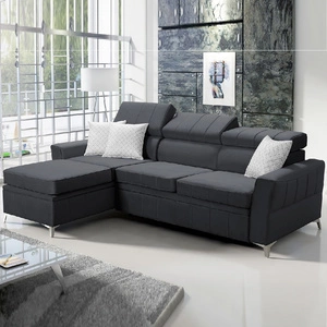 Narożnik z funkcją spania Rava grafitowy lewostronny velvet komfortowy i funkcjonalny narożnik z regulowanymi zagłówkami