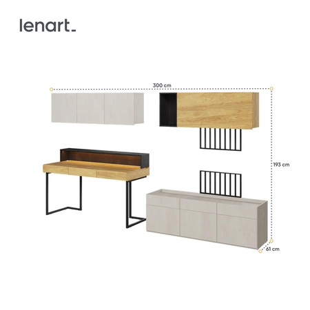 Meblościanka Teen Flex hikora naturalna / silk flou / raw steel designerskie meble z dużym biurkiem wpisujące się w trendy aranżacyjne