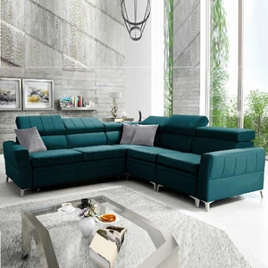 Narożnik z funkcją spania Rava IV lazurowy prawostronny velvet komfort podczas codziennego wypoczynku pojemnik na pościel