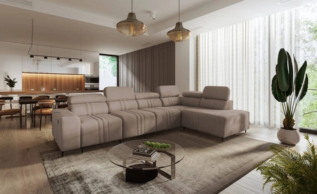 Narożnik z funkcją spania Castel XI jasny brąz prawostronny komfortowy narożnik z pojemnikiem na pościel wytrzymała tkanina 