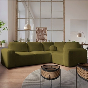 Narożnik z funkcją spania Arbon II oliwkowy prawostronny stylowe wzornictwo charakterystyczny obły kształt pojemnik na pościel