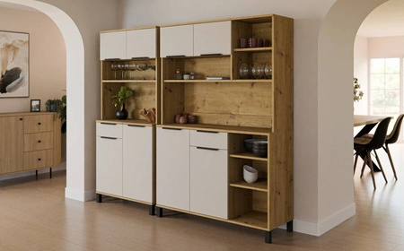 Kredens kuchenny Soela 119 cm dąb artisan / beżowy bufet do kuchni doskonały do aranżacji małego aneksu kuchennego w mieszkaniu