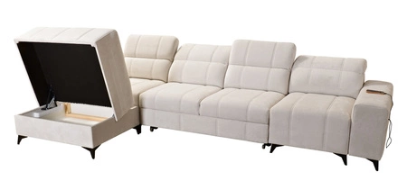 Narożnik z funkcją spania Penejos XII szary popiel lewostronny stylowy narożnik z pojemnikami na pościel komfortowe regulowane zagłówki