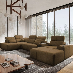 Narożnik z funkcją spania Tesalia V brązowy prawostronny komfortowy narożnik z szufladą oraz funkcją przesuwanego oparcia