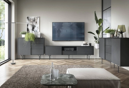 Komoda z szufladami Adamant 144 cm czarny grafit nowoczesny design oryginalny mebel z frezowanym frontem system pojemne szuflady