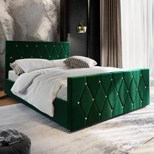 Łóżko tapicerowane Tifton 140x200 butelkowa zieleń z pojemnikiem w nowoczesnym stylu z charakterystycznym wezgłowiem oraz z zanóżkiem wykończone kryształkami