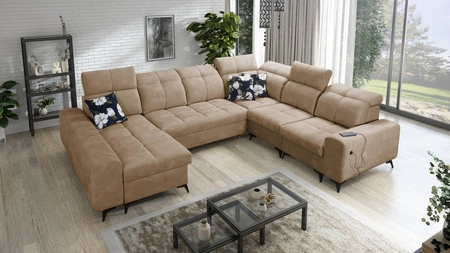 Narożnik z funkcją spania Buffalo VIII ciemny beżowy lewostronny wysokiej klasy narożnik z pojemnikami wysoka jakość wykonania