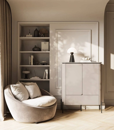 Komoda wysoka Belle 98 cm ciemny beżowy stylowa komoda o zaokrąglonym kształcie system otwierania push to open metalowe czarne nogi