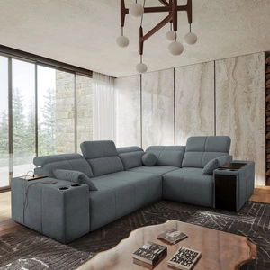 Narożnik z funkcją spania Tesalia II szary prawostronny komfortowy narożnik do salonu z przesuwanym oparciem pojemnik na pościel