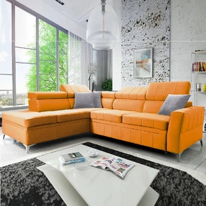 Narożnik z funkcją spania Rava III żółty lewostronny velvet komfortowy narożnik z regulowanymi zagłówkami i pojemnikiem na pościel