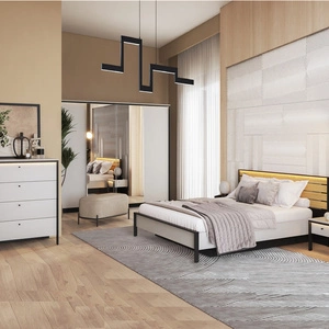 Zestaw mebli do sypialni Gris szary / czarny / dąb natura nowoczesna konstrukcja mebli z klimatycznym oświetleniem subtelne uchwyty