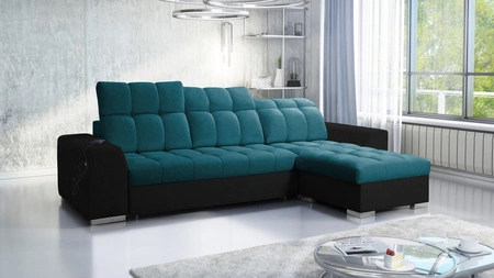 Narożnik z funkcją spania Luigi turkusowy / czarny prawostronny narożnik z dwoma pojemnikami na pościel tkanina o ciekawej strukturze