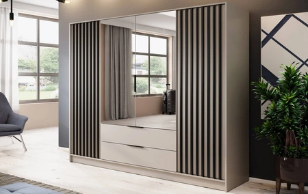 Szafa z lustrem Aspen 206 cm beżowa / czarne lamele nowoczesny design mebla drzwi szafy ozdobione lamelami