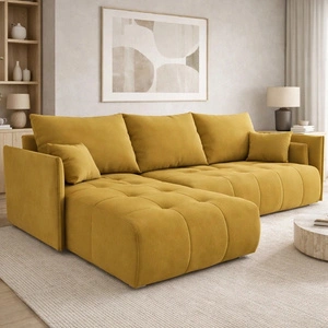 Narożnik z funkcją spania Selva musztardowy uniwersalny narożnik z pojemnikiem na pościel wykonany z komfortowej tkaniny typu plusz