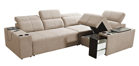 Narożnik z funkcją spania Tesalia II brązowy prawostronny komfortowy narożnik do salonu z przesuwanym oparciem pojemnik na pościel