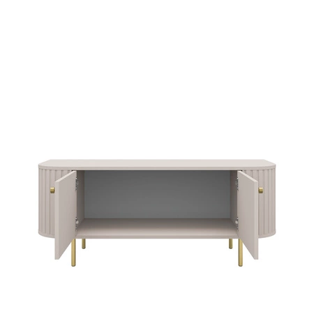 Szafka RTV Ovalio 123 cm beżowa stylowa szafka pod telewizor unikalny owalny kształt ozdobne frezowania metalowa podstawa