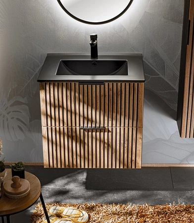 Szafka pod umywalkę Xilo 60 cm czarny / dąb wotan designerska szafka z szufladami w stylu nowoczesnym dekoracyjne pionowe ryflowanie