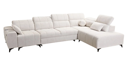 Narożnik z funkcją spania Penejos XI łososiowy prawostronny wygodny narożnik z regulowanymi zagłówkami i dwoma pojemnikami na pościel