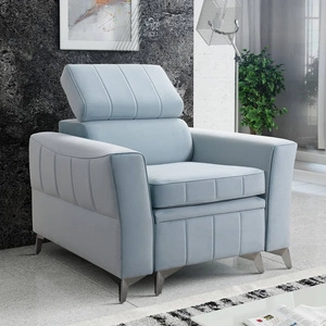 Fotel Rava błekitny praktyczny i komfortowy fotel do salonu z regulowanym zagłówkiem oraz pojemnikiem miękka tkanina typu velvet