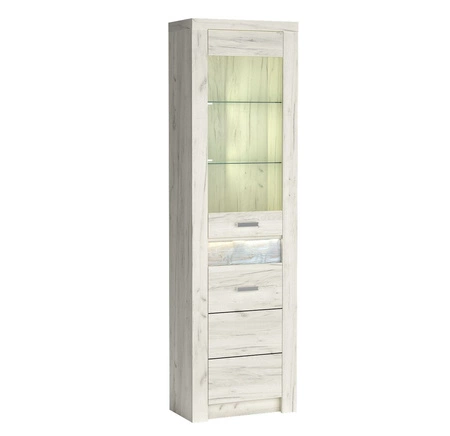 Witryna narożna Indiana 56 cm kraft biały stylowa witryna do salonu elementy z bezpiecznego szkła ozdobna deska na froncie witryny oświetlona LED