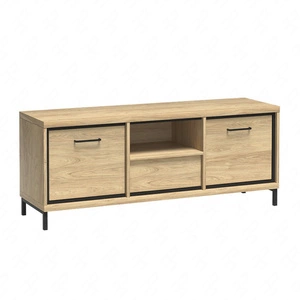 Szafka RTV Mediolan Plus 139 cm hikora gustowna szafka na metalowych nogach wzbogacona o stylowe czarne dodatki szuflada z systemem push to open