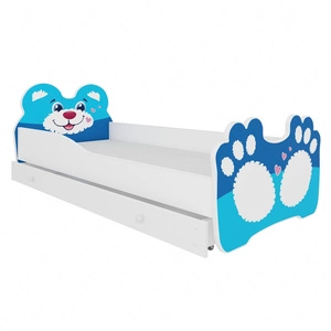 Łóżko Bear 80x160 cm biały / niebieski małe łóżko z materacem i szufladą na pościel w kształcie misia z uroczym nadrukiem niedźwiadka