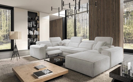 Narożnik z funkcją spania Viano IV Lux szary popiel prawostronny designerski narożnik z wysuwanym podnóżkiem duży pojemnik na pościel