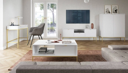 Konsola Lovro biała z szufladami stylowy oraz funkcjonalny mebel do przedpokoju salonu czy biura metalowy stelaż w złotym kolorze