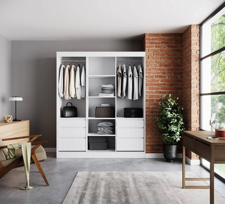 Szafa przesuwna z lustrem Haidar 180 cm biała funkcjonalna i użytkowa szafa z szufladami doskonała do mniejszych pomieszczeń