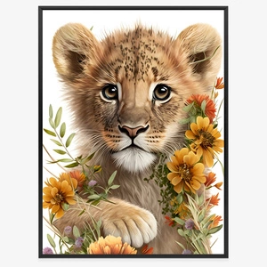 Plakat lwiątko w kwiatach 70x100 plakat w ramie precyzyjny wydruk ze stylową grafiką doskonała dekoracja do pokoju dziecięcego