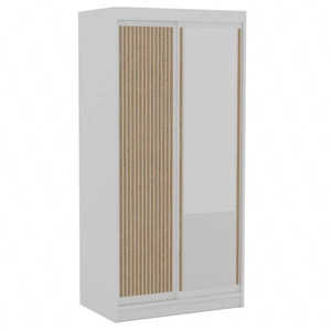 Szafa przesuwna z lustrem Delia 100 cm biała stylowa szafa z ozdobnymi lamelami w kolorze drewna wpasuje się do każdej aranżacji