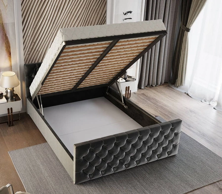 Łóżko tapicerowane Viamao 160x200 grafitowe z pojemnikiem w nowoczesnym skandynawskim stylu z pikowanym wezgłowiem oraz zanóżkiem