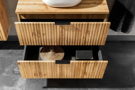 Zestaw mebli łazienkowych Adeel dąb wotan nowoczesne meble do łazienki z ryflowanymi frontami wysoka odporność na działanie wilgoci