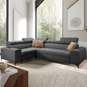 Narożnik z funkcją spania Bolmso II grafitowy lewostronny narożnik z pojemnikiem na pościel szuflada z pełnym wysuwem w boczku mebla