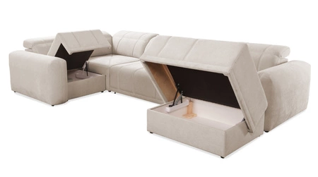 Narożnik z funkcją spania Cetara IV szary popiel prawostronny designerski narożnik z przesuwanymi oparciami dwa pojemniki na pościel