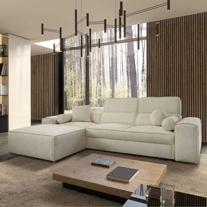 Narożnik z funkcją spania Viano kremowy lewostronny stylowy narożnik o ciekawym kształcie regulowane zagłówki ozdobne poduszki