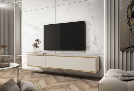 Szafka RTV wisząca Luxury 175 cm beżowa zachwyci miłośników eleganckich aranżacji w nowoczesnym stylu korpus zwieńczony złotą listwą